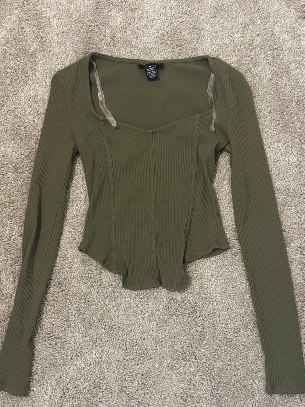Olive Ribbed Long-Sleeve Scoop Neck Top